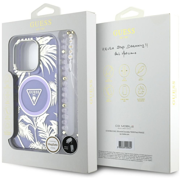 Etui Guess Palm Trees Triangle Pearl     Strap MagSafe do iPhone 16 Pro Max fioletowy