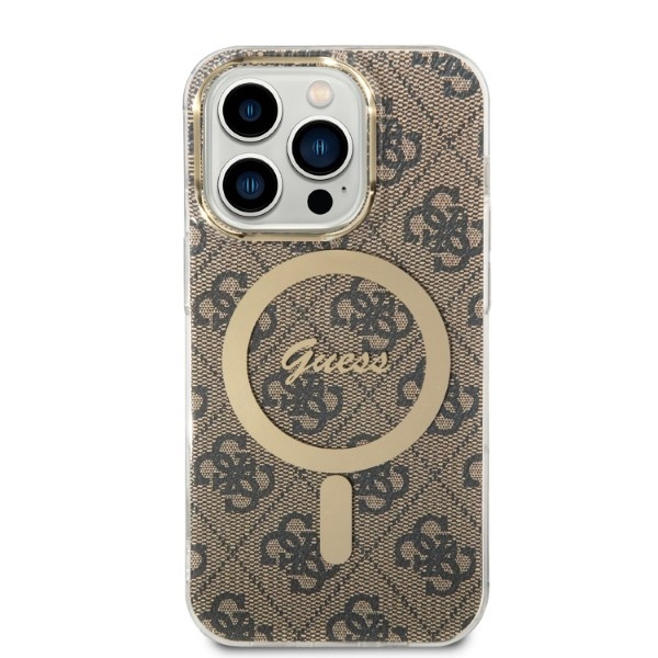 Zestaw Guess GUBPP14LH4EACSW Case+Charger iPhone 14 Pro 6,1" brązowy/brown hard case 4G Print MagSafe
