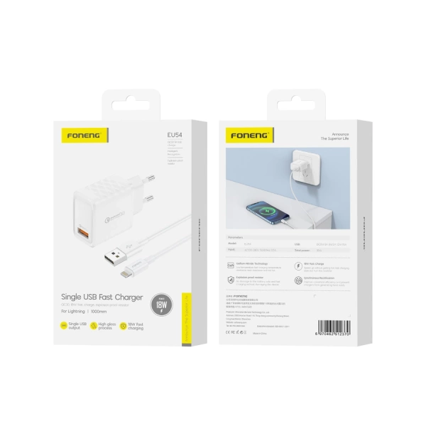 FONENG ładowarka sieciowa EU54 18W 1xUSB QC3.0 + kabel Lightning Biały