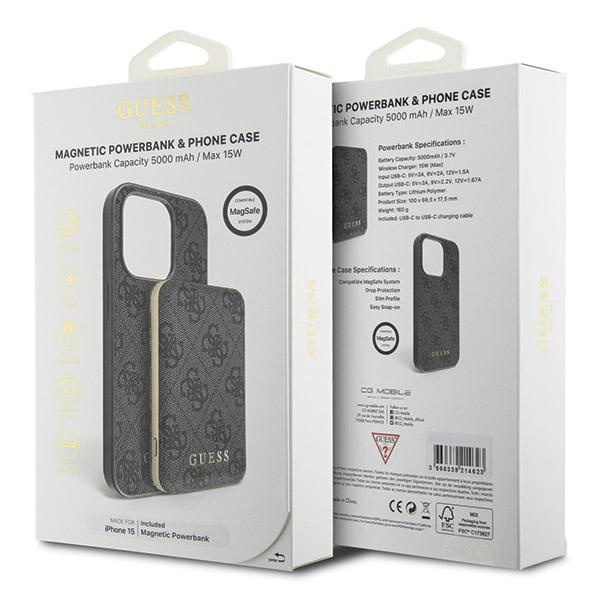 Zestaw Guess GUBPM5P15S4GEMGK iPhone15 6.1" hardcase + Powerbank 5000mAh MagSafe czarny/black 4G Metal Logo