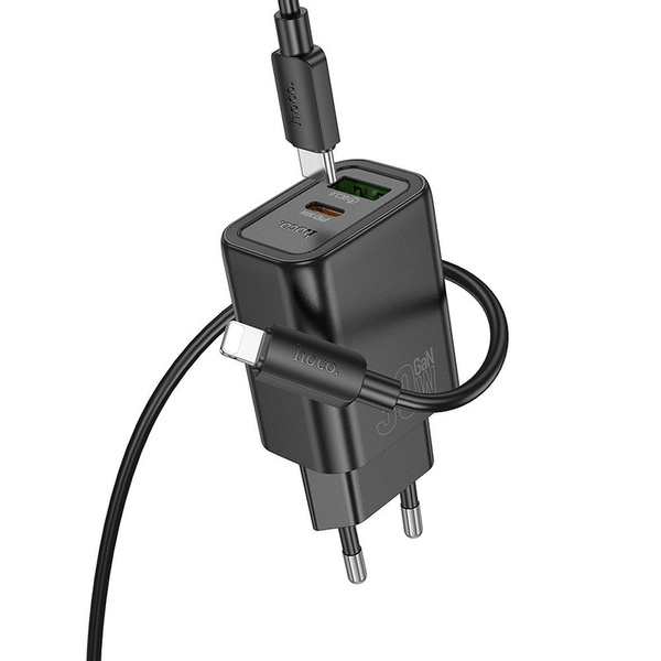 Ładowarka sieciowa do telefonu Hoco USB A + USB C QC3.0 PD 3A 30W + kabel USB C do Lightning N63 czarna