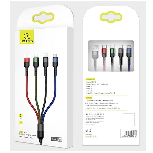 USAMS Kabel pleciony U26 4w1 3m 2A Fast Charge (2xlightning/microUSB/USB-C) SJ413USB01 (US-SJ413)