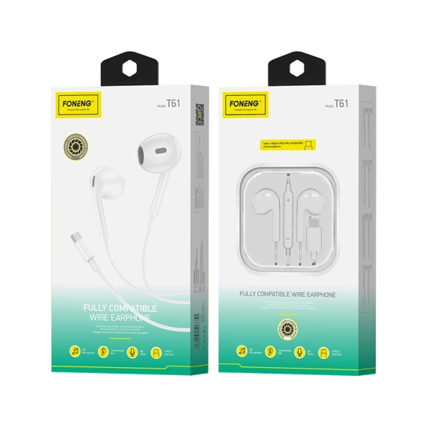 FONENG wired earphones T61 USB-C with microphone 1.2M White