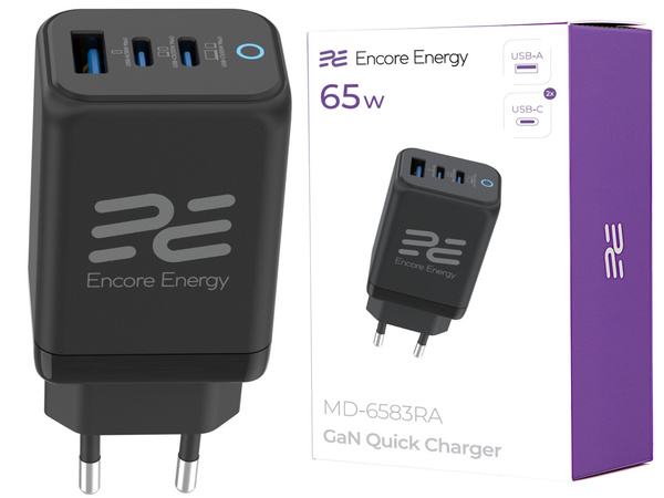 ładowarka sieciowa GaN 65W USB-A + 2x USB-C QC PPS PD Encore Energy MD-6583RA