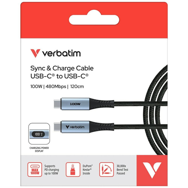 Kabel Verbatim Sync & Charge USB-C do    USB-C 100W wyświetlacz 120cm czarny 31848
