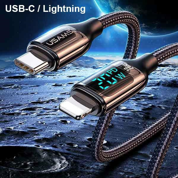 USAMS Kabel pleciony U78 USB-C naLightning LED 1.2m 20W PD Fast Charge biały/white SJ545USB02 (US-SJ545)