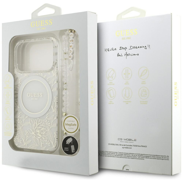Etui Guess IML Flowers Electro Pearl     Strap MagSafe do iPhone 17 Pro biały