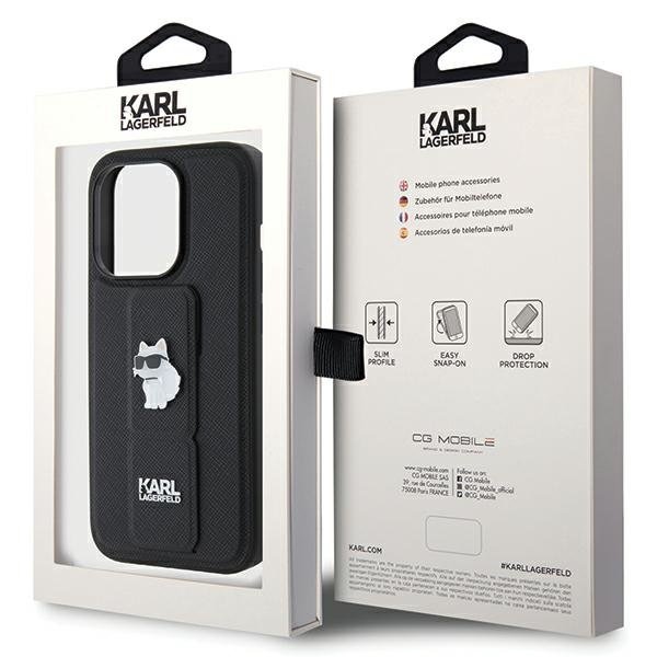 Etui Karl Lagerfeld Gripstand Saffiano Choupette Pins na iPhone 14 Pro Max - czarne