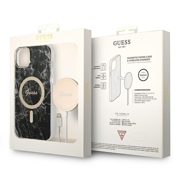 ZESTAW GUESS GUBPP14SHMEACSK CASE+ CHARGER IPHONE 14 / 15 / 13 6,1" CZARNY/BLACK HARD CASE MARBLE MAGSAFE