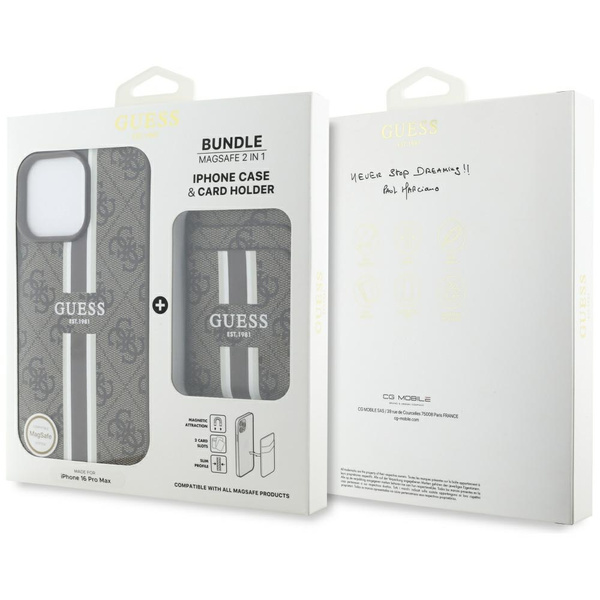 Etui Guess 4G Stripes z portfelem        Magsafe do iPhone 16 Pro Max brązowy