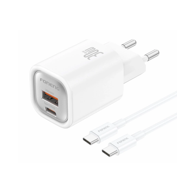 FONENG ładowarka sieciowa EU71 PD 30W 1xUSB-C + 1xUSB QC3.0 + kabel USB-C - USB-C Biały
