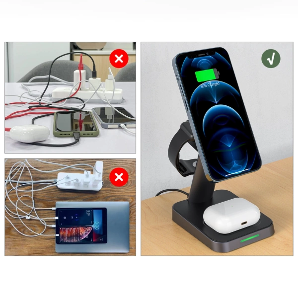 Acefast bezprzewodowa ładowarka Qi 15W do iPhone (z MagSafe), Apple Watch i Apple AirPods stojak podstawka uchwyt magnetyczny czarny (E3 black)