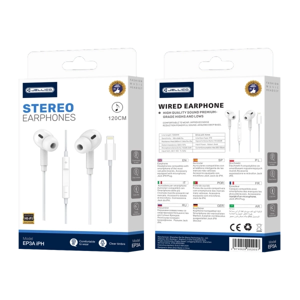 JELLICO wired earphones EP3A Lightning with microphone 1.2M White