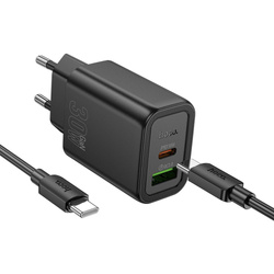 Ładowarka sieciowa do telefonu Hoco USB A + USB C QC3.0 PD 3A 30W + kabel USB C do USB C N63 czarna