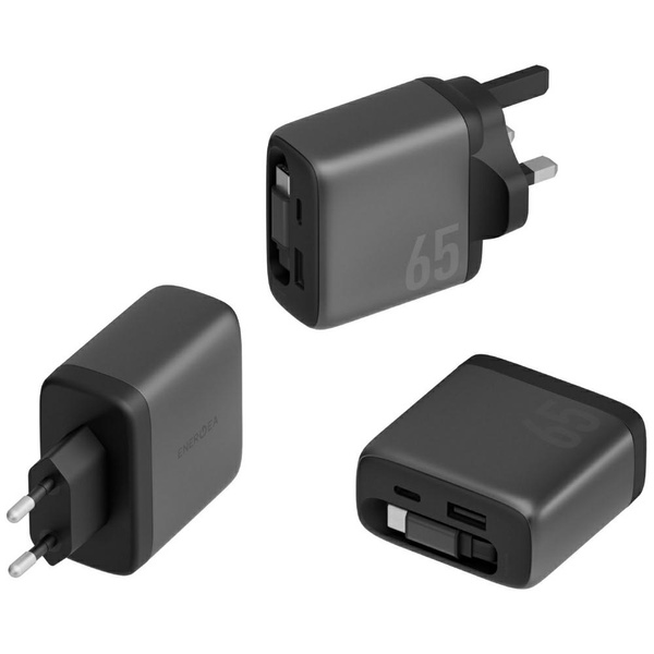 Ładowarka sieciowa Energea Ampcharge Arc 65 USB-A/USB-C + zwijany kabel USB-C PD/PPS/QC3.0 GaN gunmetal