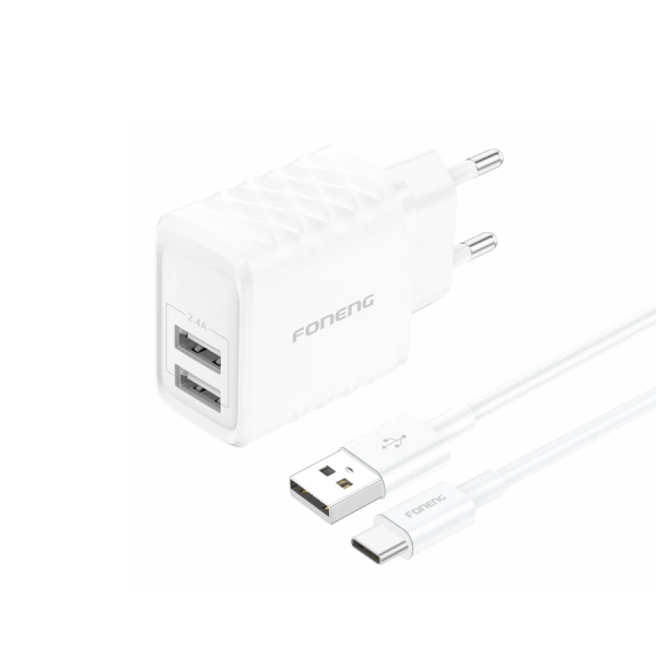 FONENG ładowarka sieciowa EU53 2.4A 12W 2xUSB + kabel USB-C Biały