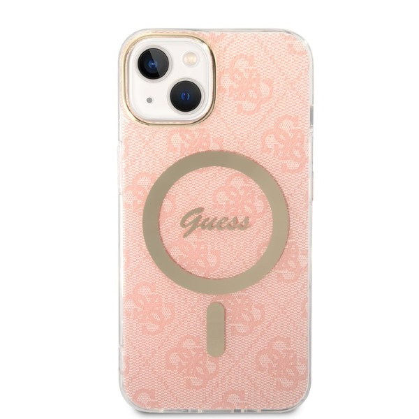 Zestaw Guess GUBPP14MH4EACSP Case+ Charger iPhone 14 Plus / 15 Plus 6.7" różowy/pink hard case 4G Print MagSafe