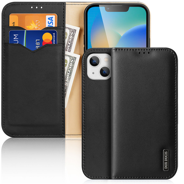 DUX DUCIS HIVO LEATHER FLIP COVER GENUINE LEATHER WALLET FOR CARDS AND DOCUMENTS IPHONE 14 BLACK