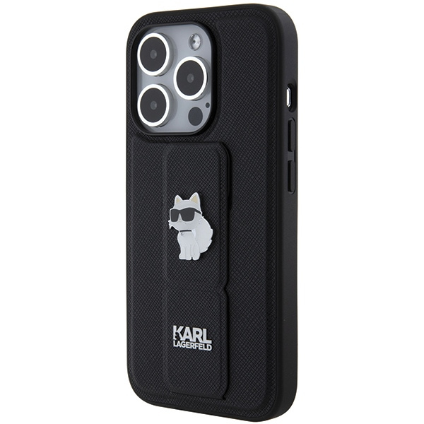Etui Karl Lagerfeld Gripstand Saffiano Choupette Pins na iPhone 14 Pro - czarne