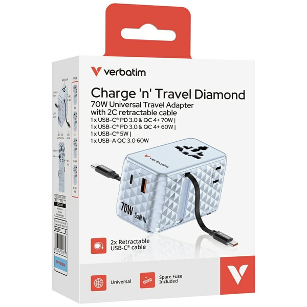Verbatim Adapter podróżny EU/UK/US GaN   1xUSB-C/1xUSB-A/2xUSB-C PD 70W niebieski 30187