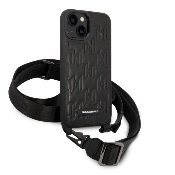 KARL LAGERFELD KLHCP14SSTMMK IPHONE 14 / 15 / 13 6,1" HARDCASE CZARNY/BLACK MONOGRAM PLAQUE LOGO STRAP