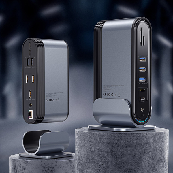 HUB Baseus CAHUB-DG0G 3x USB 3.2 Gen 1 / 2x USB-A / 2x USB-C / czytnik kart SD, micro SD / AUX / 3x HDMI / RJ45 PD 100W (wtyczki EU / CN / UK) - szary