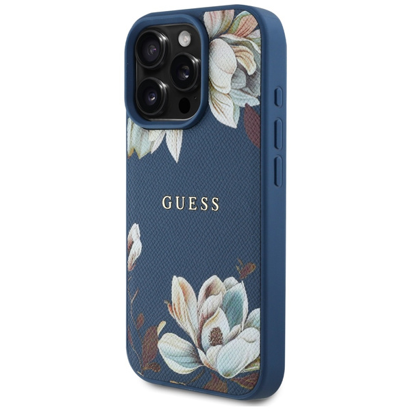 Etui Guess Grained Printed Flower        Pattern MagSafe do iPhone 16 Pro niebieski