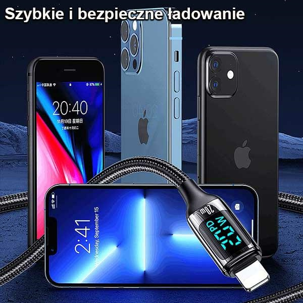 USAMS Kabel pleciony U78 USB-C naLightning LED 1.2m 20W PD Fast Charge biały/white SJ545USB02 (US-SJ545)