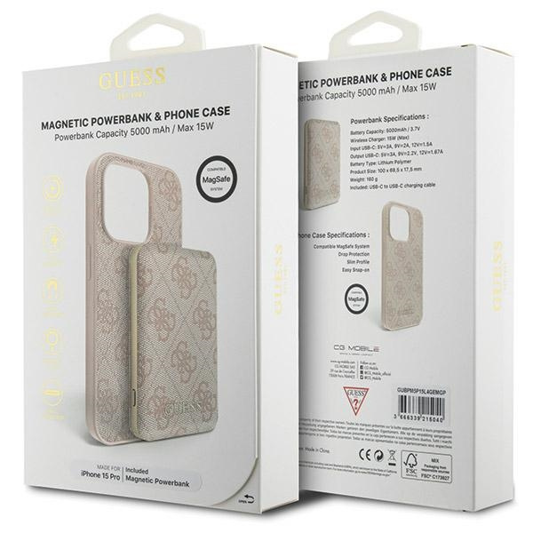 Zestaw Guess GUBPM5P15L4GEMGP iPhone15 Pro 6.1" hardcase + Powerbank 5000mAh MagSafe różowy/pink 4G Metal Logo