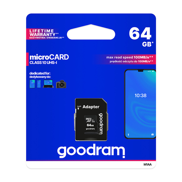 Goodram Microcard 64 GB karta pamięci micro SD XC UHS-I class 10, adapter SD (M1AA-0640R12)