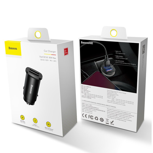 BASEUS SQUARE UNIVERSAL SMART CAR CHARGER 2X USB QC3.0 QUICK CHARGE 3.0 SCP AFC 30W BLACK (CCALL-DS01)