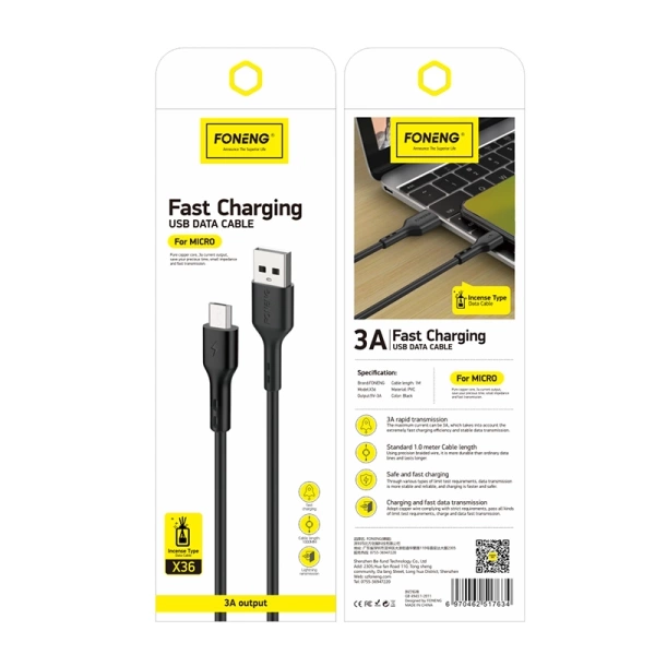 FONENG cable X36 Micro USB 3A 1M Black
