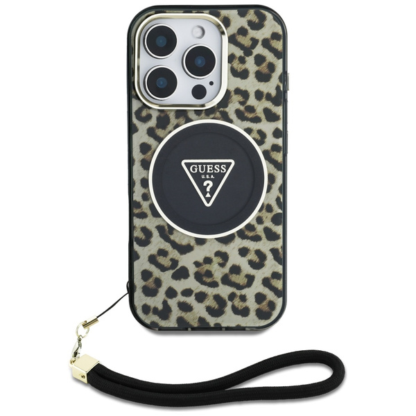 Etui Guess HC IML Leopard Triangle Cord  Strap do iPhone 16 Pro MagSafe brązowy