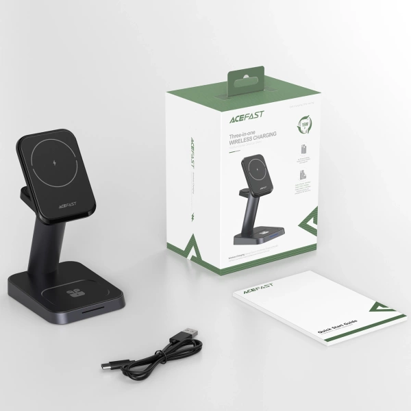 Acefast bezprzewodowa ładowarka Qi 15W do iPhone (z MagSafe), Apple Watch i Apple AirPods stojak podstawka uchwyt magnetyczny czarny (E3 black)