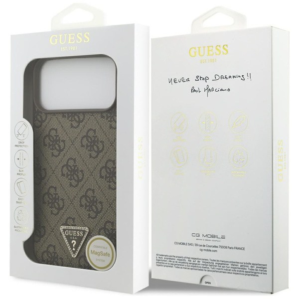 Etui Guess Leather 4G Triangle Strass    MagSafe do iPhone 17 Pro Max brązowy