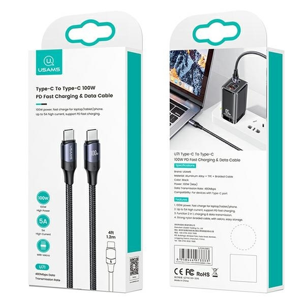 USAMS Kabel U71 USB-C na USB-C 1,2m 100W PD Fast Charge czarny/black SJ524USB01 (US-SJ524)