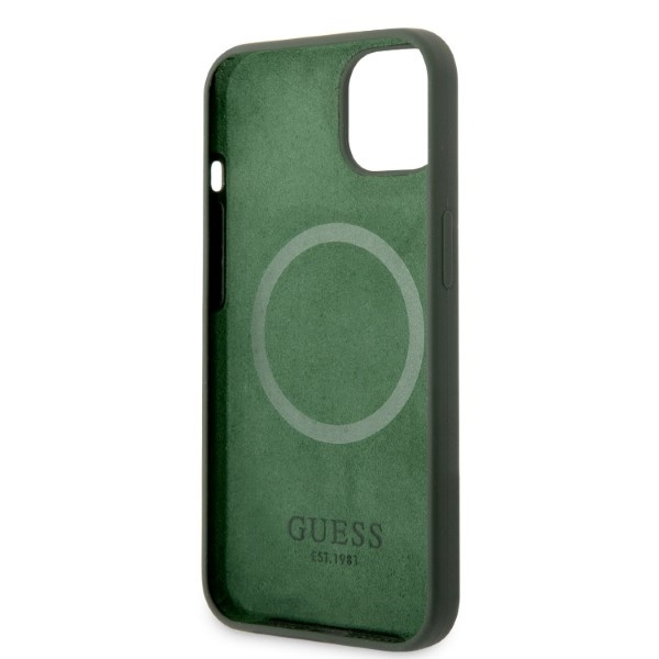 Guess GUHMP13MSBPLA iPhone 13 / 14 / 15 6.1" zielony/khaki hard case Silicone Logo Plate MagSafe