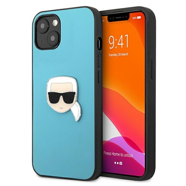 KARL LAGERFELD KLHCP13MPKMB IPHONE 13 / 14 / 15 6,1" NIEBIESKI/BLUE HARDCASE LEATHER IKONIK KARL`S HEAD METAL