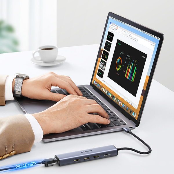 UGREEN ADAPTER CONVERTER HUB 5IN1 USB C - 3X USB 3.0 / HDMI / RJ45 GRAY (CM475)