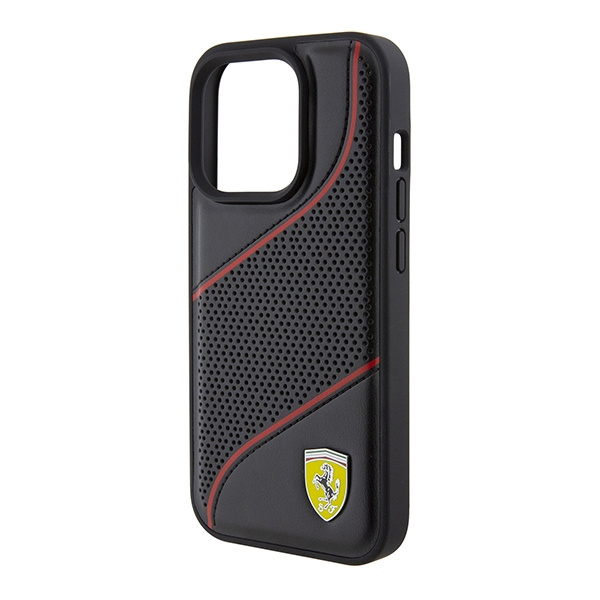 Etui Ferrari Perforated Waves Metal Logo na iPhone 15 Pro - czarne