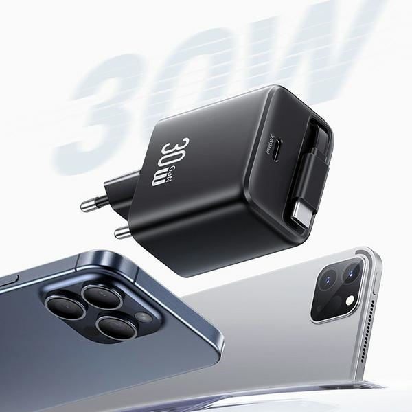 USAMS Ład. siec. 1xUSB-C ze zwijanym kablem USB-C Retractable PD+QC 30W Gan Fast Charging czarny/black YC Series CC241TC01 (US-CC241)