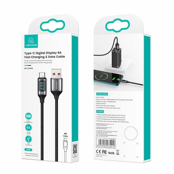 USAMS Kabel pleciony U78 USB-C 1.2mLED 6A Fast Charging czarny/black SJ544USB01 (US-SJ544)