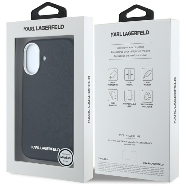 Etui Karl Lagerfeld Saffiano Full         Wrapped Elongated Metal Logo MagSafe do iPhone 16 czarny