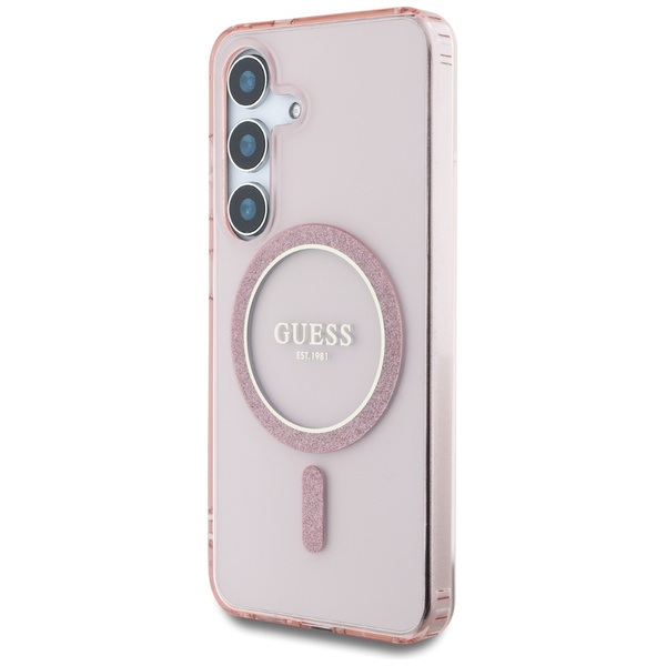 Etui Guess Glitter Circle Classic Logo   MagSafe do Samsung Galaxy S25 różowy
