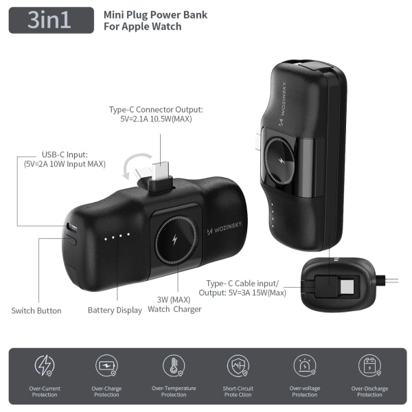Mini powerbank Wozinsky WF16-YCS 5000mAh 15W USB-C z wbudowanym kablem USB-C i ładowarką do Apple Watch - czarny