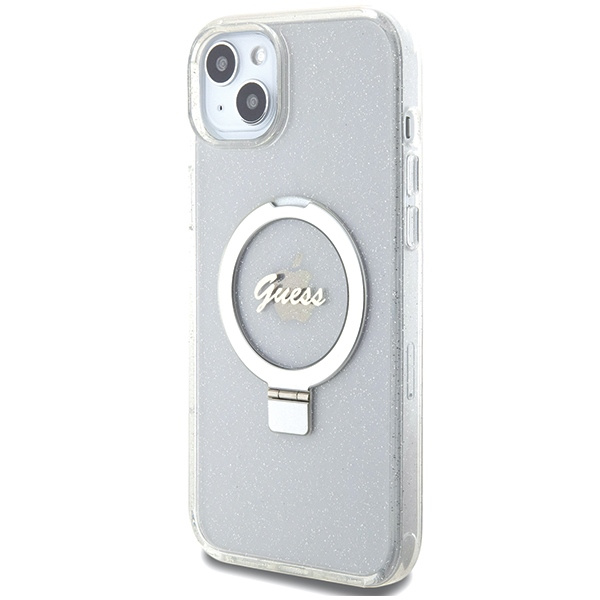 Guess GUHMP15MHRSGSD iPhone 15 Plus / 14 Plus 6.7" przezroczysty/transparent hardcase Ring Stand Script Glitter MagSafe