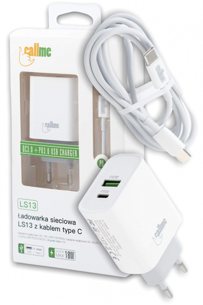 TRAVEL CHARGER CALLME LS13 2 USB PD + QC 3.0 WITH CABLE TYPE C 18W WHITE