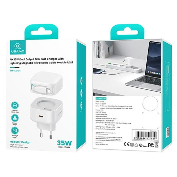 USAMS Ład. siec. 1xUSB-C ze zwijanym kablem Lighning Retractable PD+QC 35W Gan Fast Charging biały/white XMF Series CC209TC02 (US-CC209)