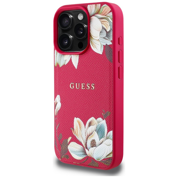 Etui Guess Grained Printed Flower Pattern MagSafe do iPhone 16 Pro fuksja
