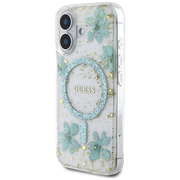 Etui Guess Resin Flowers Glitter MagSafe do iPhone 16 turkusowy